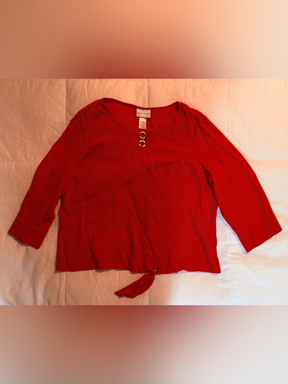 Alfred Dunner Red 3/4 Sleeve Tie-Front Tunic with Ring Detail